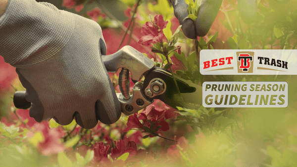 A gloved hand uses silver pruning shears to trim a branch of a flowering pink azalea bush. Overlaid text reads "Best Trash" and "Pruning Season Guidelines."